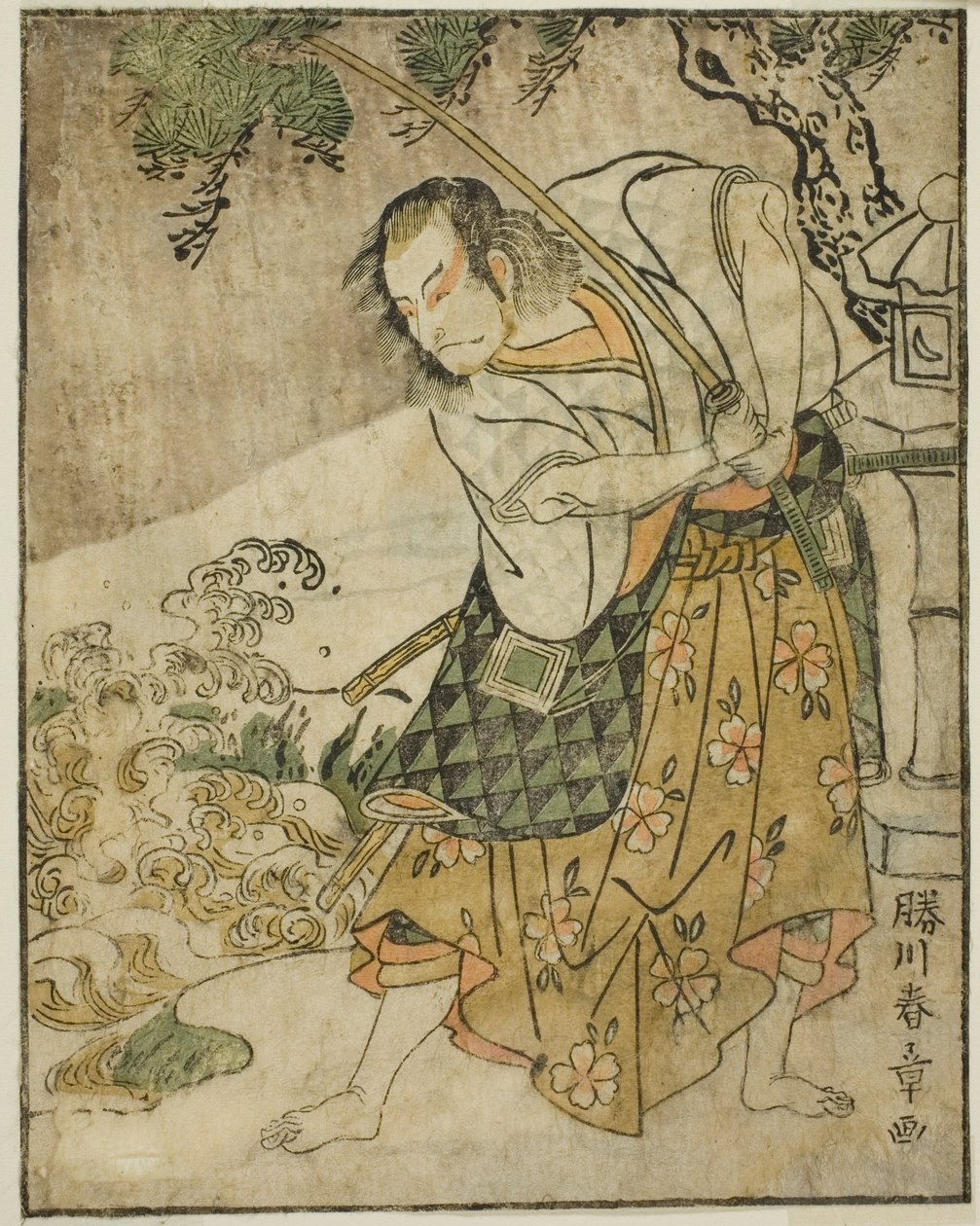 Skuespilleren Ichikawa Danjuro V som Ogata no Sabura (?) i Play Nue no Mori Ichiyo no Mato, opført på Nakamura Theatre i den ellevte måned, 1770 af Katsukawa Shunsho