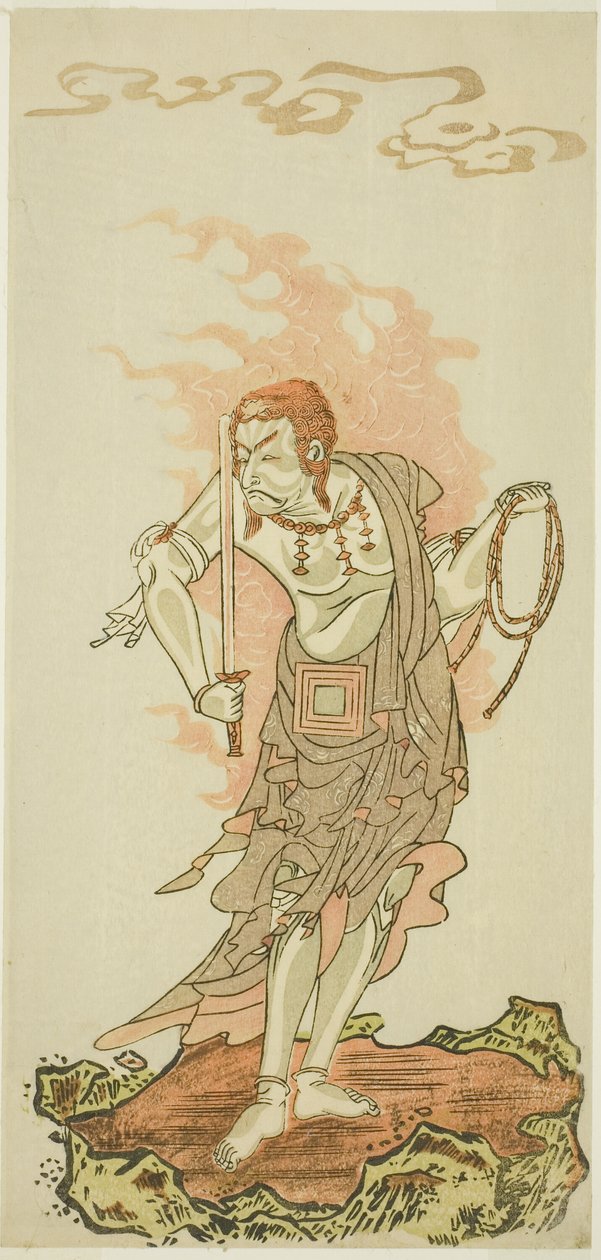 Skuespilleren Ichikawa Danjuro V som den buddhistiske guddom Fudo i slutscenen fra første del af stykket Fuki Kaete Tsuki mo Yoshiwara (Rethatched Roof: The Moon also Shines Over the Yoshiwara Pleasure District), opført på Morita Theatre fra den første af Katsukawa Shunsho