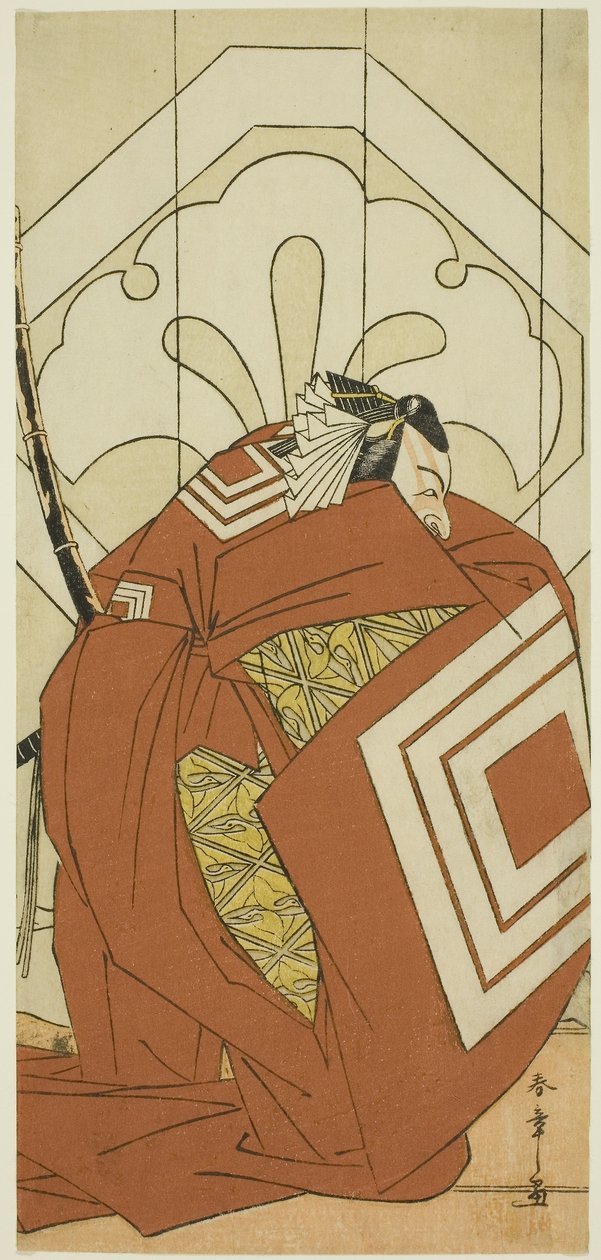Skuespilleren Ichikawa Danjuro V i en "Shibaraku"-rolle, sandsynligvis som Kato Hyoeisa Shigemitsu, i tredje scene af skuespillet Masakado Kammuri no Hatsuyuki (Den første sne på Taira no Masakados hof-hovedbeklædning), opført på Nakamura-teatret i det ell af Katsukawa Shunsho