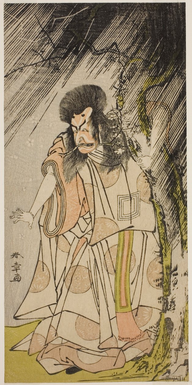 Skuespilleren Ichikawa Ebizo III som tordenguden, en inkarnation af Sugawara Michizane, i skuespillet Sugawara Denju Tenarai Kagami, opført på Ichimura Theatre i den ottende måned, 1776 af Katsukawa Shunsho