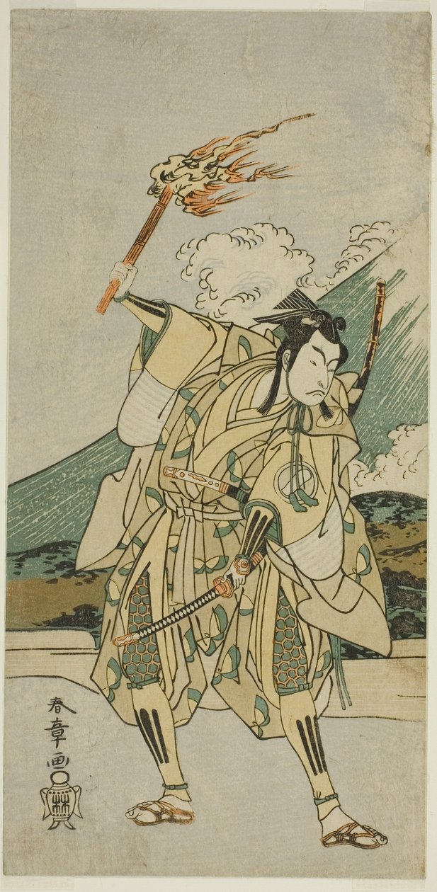 Skuespilleren Ichikawa Monnosuke II som Soga no Goro Tokimune i skuespillet Haru wa Soga Akebono-zoshi (?), opført på Nakamura Theatre (?) i den første måned, 1772 (?) af Katsukawa Shunsho