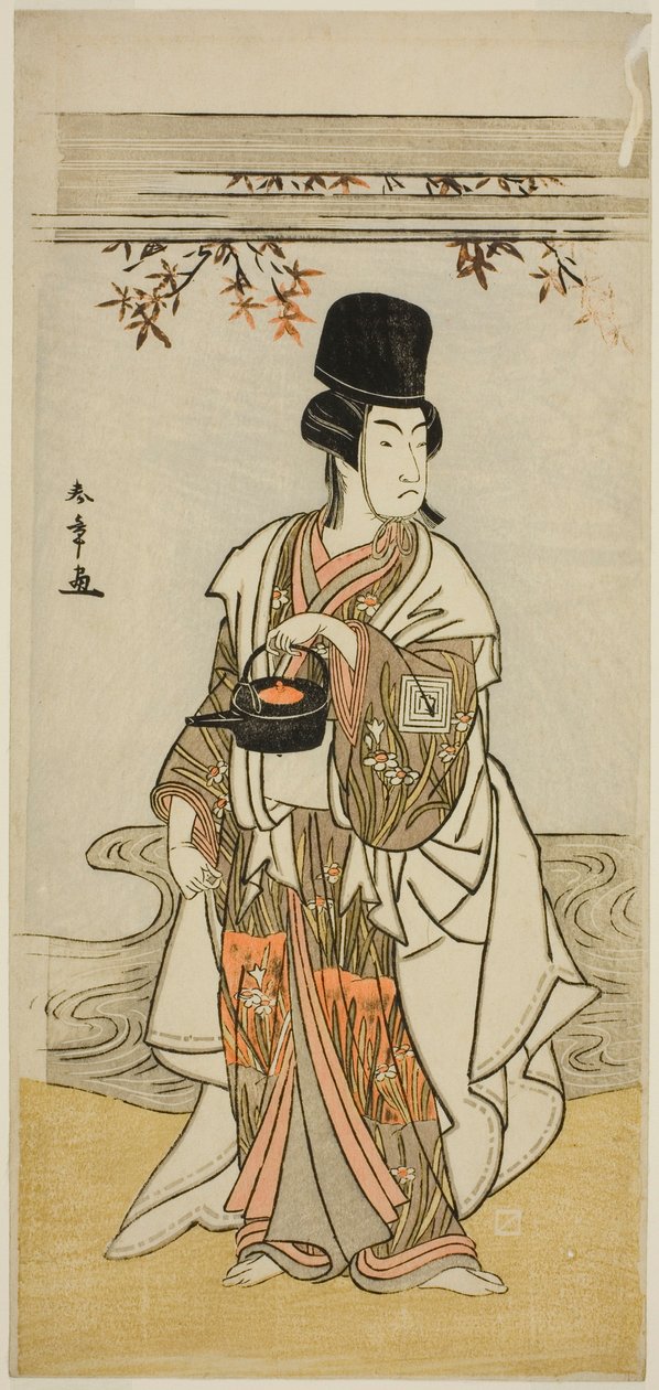 Skuespilleren Ichikawa Monnosuke II som hoftjener Shoheida Sadamori i skuespillet Masakado Kammuri no Hatsuyuki, opført på Nakamura Theatre i den ellevte måned, 1777 af Katsukawa Shunsho
