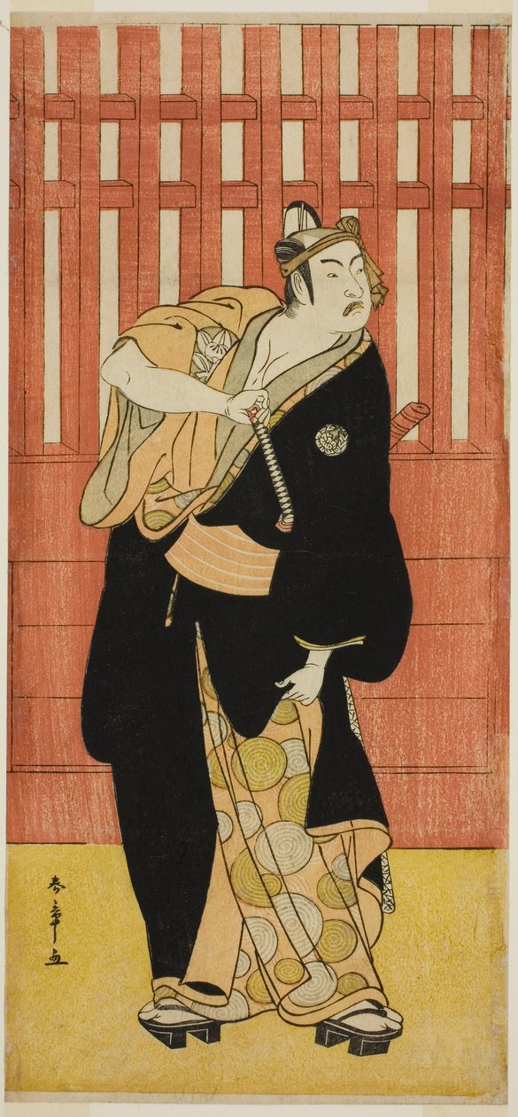 Skuespilleren Ichimura Uzaemon IX som Soga no Goro Tokimune Forklædt som Agemaki no Sukeroku i stykket Sukeroku Yukari no Edo-zakura, opført på Ichimura Theatre i den femte måned, 1782 af Katsukawa Shunsho
