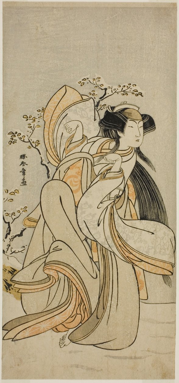 Skuespilleren Iwai Hanshiro IV som Kojoro-gitsune fra Hakata i skuespillet Hikitsurete Yagoe Taiheiki, opført på Morita Theatre i den ellevte måned, 1776 af Katsukawa Shunsho