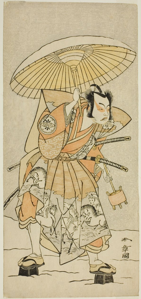 Skuespilleren Nakamura Juzo II som Kajiwara Genta Kagetoki i stykket Izu-goyomi Shibai no Ganjitsu, opført på Morita Theatre i den ellevte måned, 1772 af Katsukawa Shunsho