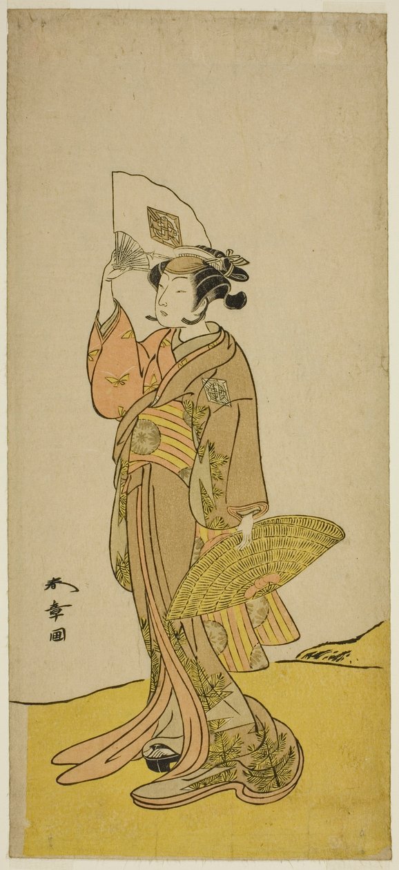 Skuespilleren Nakamura Matsue I som Kasaya Sankatsu (?) i skuespillet Hana no Gosho Konegen Butai (?), opført på Nakamura Theatre (?) i den ottende måned, 1772 (?) af Katsukawa Shunsho