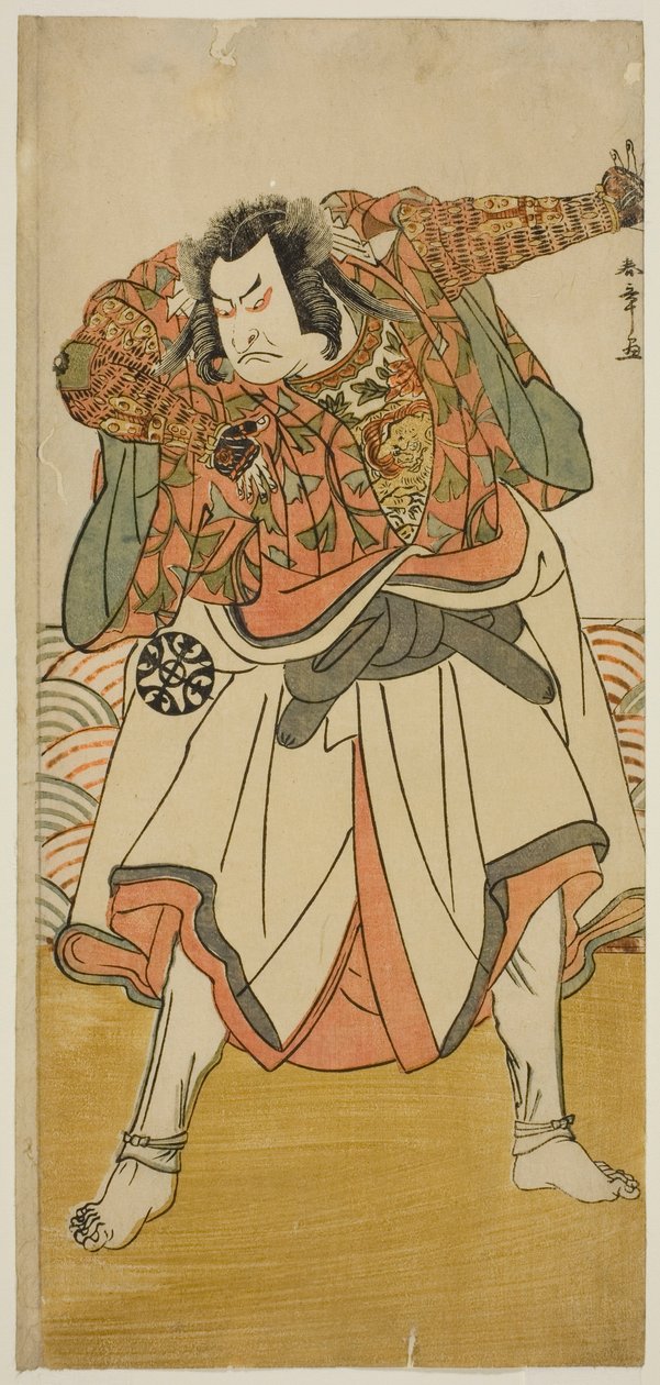 Skuespilleren Nakamura Nakazo I som Chinzei Hachiro Tametomo forklædt som en asketisk munk i skuespillet Kitekaeru Nishiki no Wakayaka, opført på Nakamura Theatre i den ellevte måned, 1780 af Katsukawa Shunsho