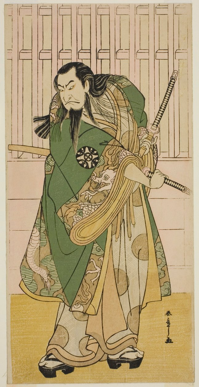 Skuespilleren Nakamura Nakazo I som Hige no Ikyu i skuespillet Nanakusa Yosooi Soga, opført på Nakamura Theatre i den femte måned, 1782 af Katsukawa Shunsho