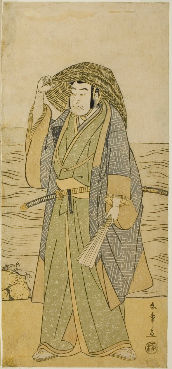 Skuespilleren Nakamura Nakazo I som Kume no Heinaizaemon forklædt som spåkonen Kosaka Jinnai i skuespillet Kotobuki Banzei Soga, opført på Ichimura Theatre i den femte måned, 1783 af Katsukawa Shunsho