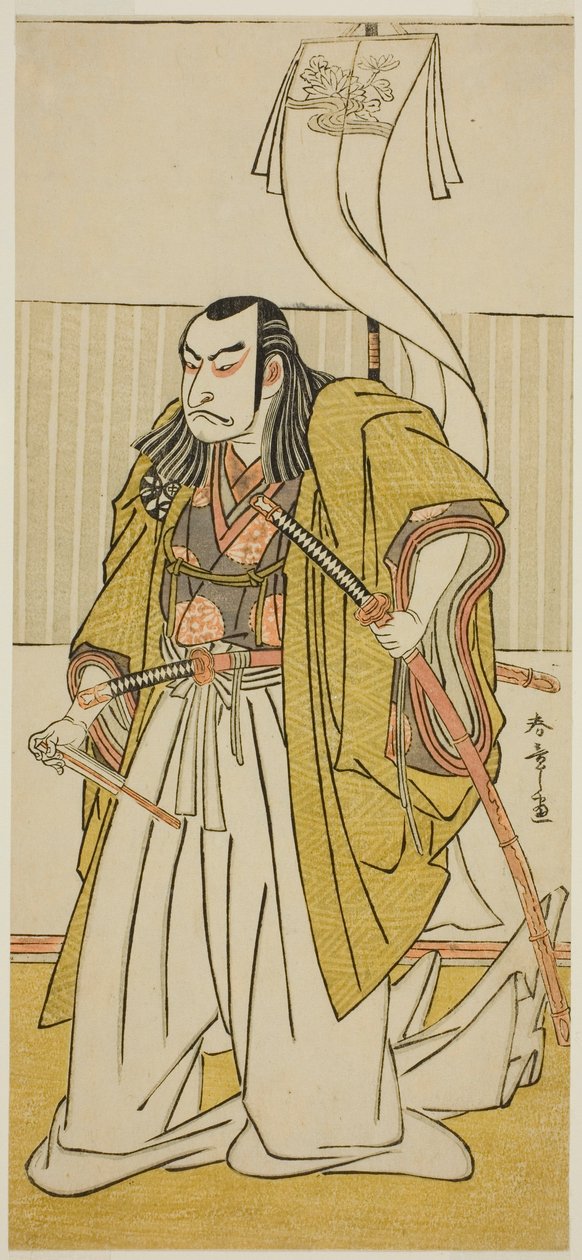 Skuespilleren Nakamura Nakazo I som Kusunoki Masayuki forklædt som Uji no Joetsu i stykket Go Taiheiki Shirishi-banashi, opført på Morita Theatre i den fjerde måned, 1780 af Katsukawa Shunsho