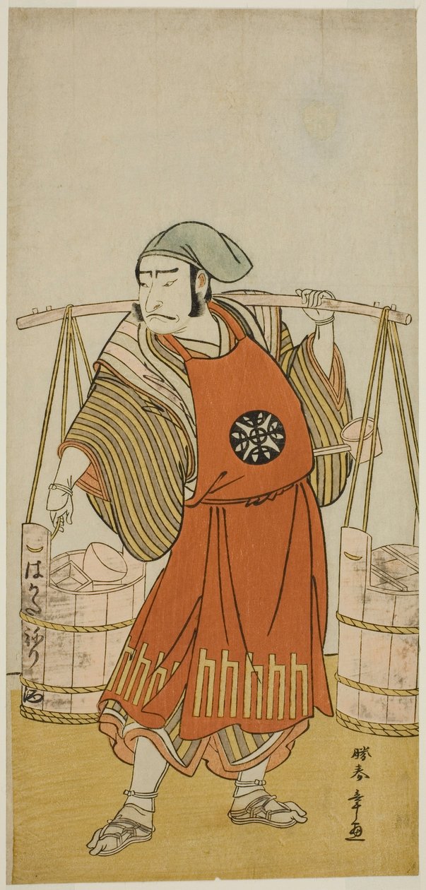 Skuespilleren Nakamura Nakazo I som Nagasaki Kageyuzaemon forklædt som Gorohachi the Sake Seller, i stykket Hikitsurete Yagoe Taiheiki, opført på Morita Theatre i den ellevte måned, 1776 af Katsukawa Shunsho