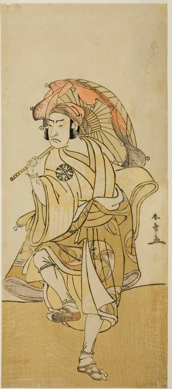 Skuespilleren Nakamura Nakazo I som Onmaya Kisanda forklædt som løvedanseren Kakubei i stykket Chigo Torii Tobiiri Kitsune, opført på Ichimura Theatre i den ellevte måned, 1777 af Katsukawa Shunsho