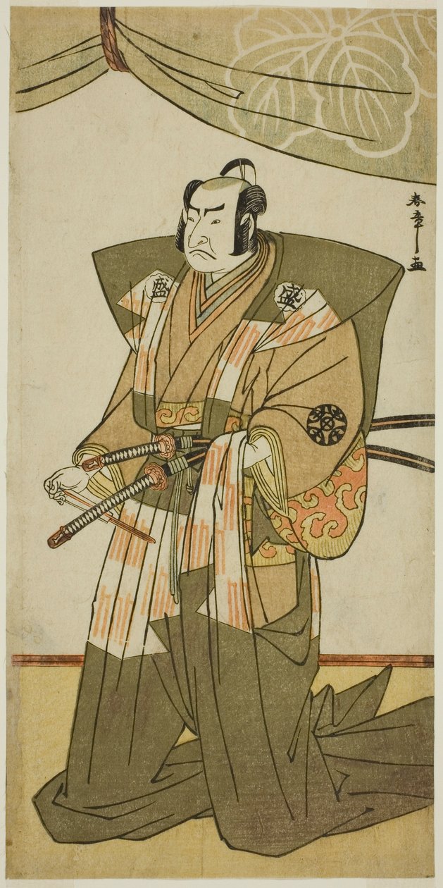 Skuespilleren Nakamura Nakazo I som Saito Sanemori i skuespillet Kitekaeru Nishiki no Wakayaka, opført på Nakamura Theatre i den ellevte måned, 1780 af Katsukawa Shunsho