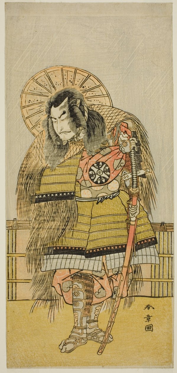 Nakamura Nakazo I som Takechi Jubei Mitsuhide i stykket Shusse Taiheiki, opført på Nakamura Theatre i den ottende måned af af Katsukawa Shunsho
