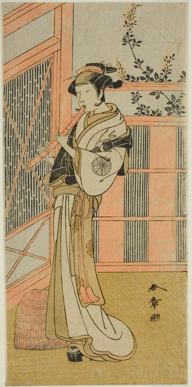 Skuespilleren Nakamura Noshio I som Misao forklædt som en Komuso i skuespillet Kosode-gura no Tekubari, opført på Morita Theatre i den anden måned, 1772 (?) af Katsukawa Shunsho