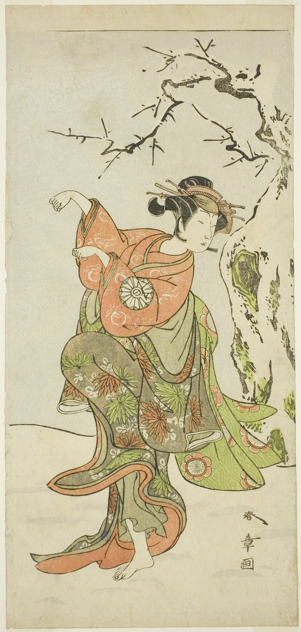 Skuespilleren Nakamura Noshio I som rævekonen fra Furui, i en dansesekvens (Shosagoto) i anden del af stykket Izu-goyomi Shibai no Ganjitsu (Izu-kalenderens første optrædensdag), opført på Morita-teatret fra den første Dag for den ellevte man af Katsukawa Shunsho