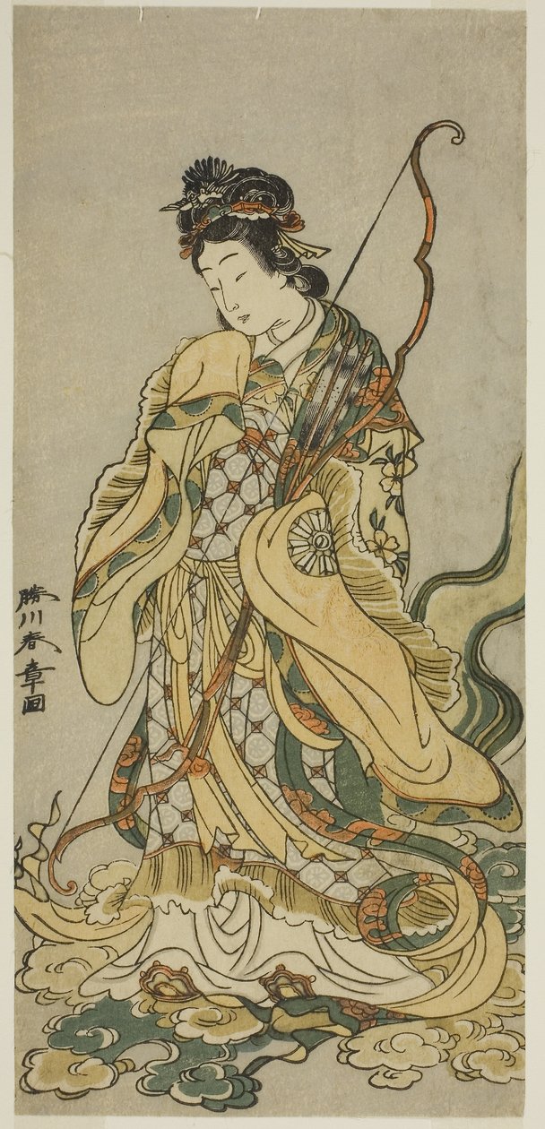 Skuespilleren Nakamura Noshio I som Goddes Benzaiten af Enoshima i skuespillet Onno Aruji Hatsuyuki no Sekai, opført på Morita Theatre i den ellevte måned, ca. 1773 (farvet træbloktryk; hosoban) af Katsukawa Shunsho