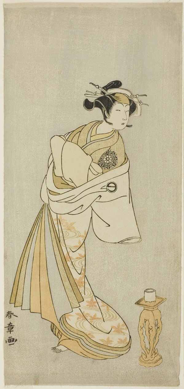 Skuespilleren Nakamura Noshio I som Courtesan Takaos ånd, i Shosagoto-dansesekvensen "Sono Utsushi-e Matsu ni Kaede" (Et skyggebillede af fyrretræ og ahorn), den sidste scene i anden del af stykket Keisei Momiji no. Uchikake (Courtesan i en Over-K af Katsukawa Shunsho