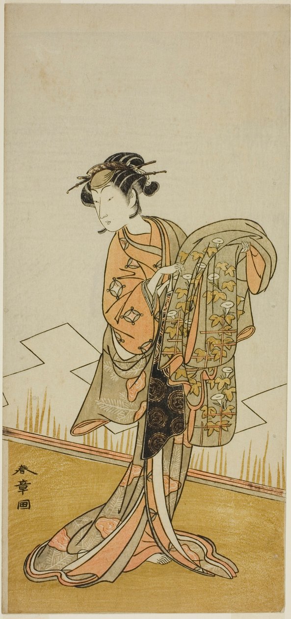 Skuespilleren Nakamura Riko I som kurtisanen Wakamatsu (?) i skuespillet Gohiiki Kanjincho (?), opført på Nakamura Theatre (?) i den ellevte måned, 1773 (?) af Katsukawa Shunsho