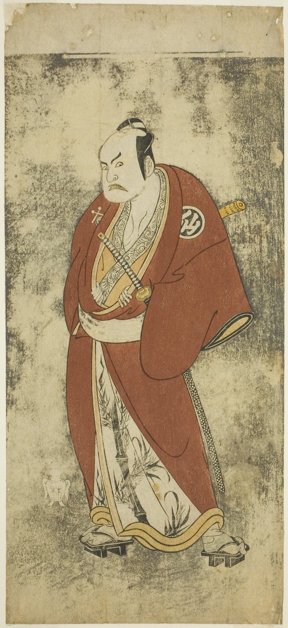 Skuespilleren Nakamura Sukegoro II som Kaminari Shokuro i Joruri "Gonin Otoko" (Fem ridderlige almue), spillede som en akt i Ayatsuri Kabuki Ogi (Mastery of the Fan in Kabuki), opført på Nakamura Theatre fra den tyvende dag i Syvende af Katsukawa Shunsho