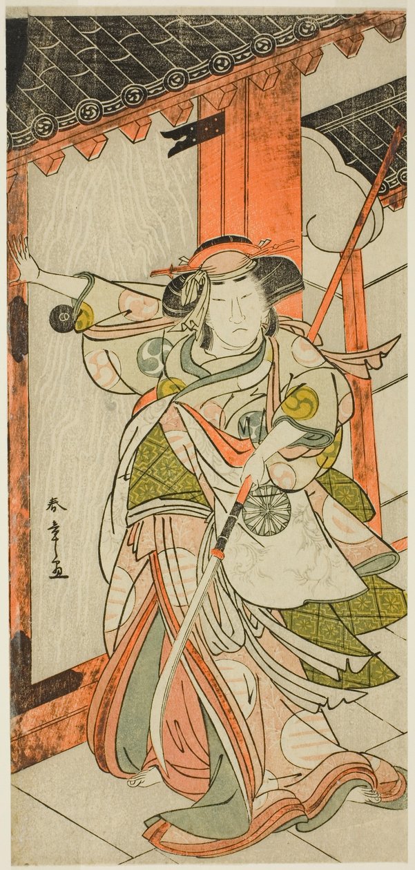 Skuespilleren Nakamura Tomijuro I som Hangaku Gozen, der bryder porten ned i stykket Wada-gassen Onna Maizuru (Wada-konflikten: En kvindes "Maizuru"), opført på Nakamura-teatret fra den femogtyvende dag i den syvende måned, 1777. af Katsukawa Shunsho