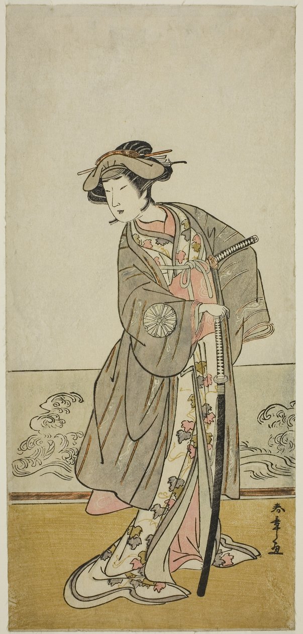 Skuespilleren Nakamura Tomijuro I som Lady Hangaku (Hangaku Gozen) i skuespillet Wada-gassen Onna Maizuru, opført på Nakamura-teatret i den syvende måned, ca. 1777 (træblok i farver; hosoban) af Katsukawa Shunsho