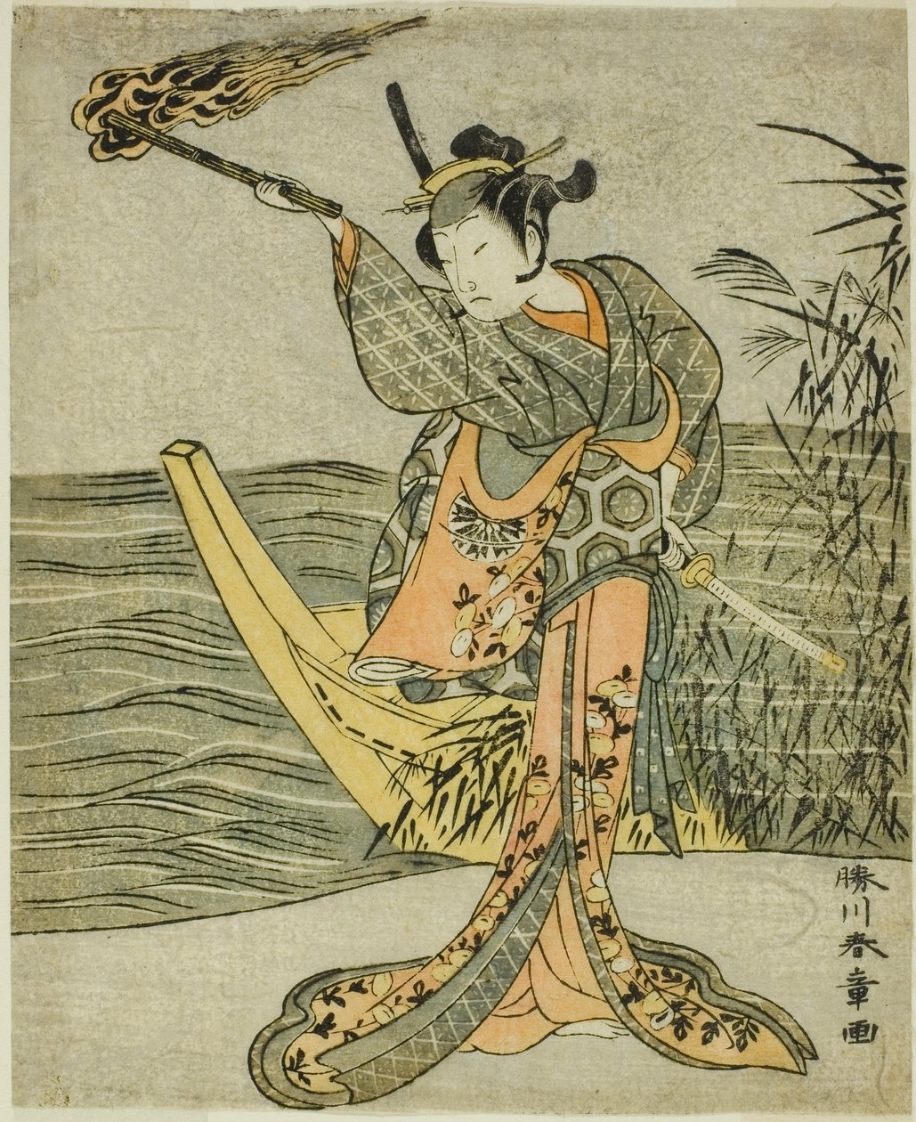 Skuespilleren Nakamura Tomijuro I som Nagoya Osan i stykket Fuki Kaete Tsuki mo Yoshiwara (Rethatched Roof: The Moon also Shines Over the Yoshiwara Pleasure District), opført på Morita Theatre i den ellevte måned, 1771 af Katsukawa Shunsho