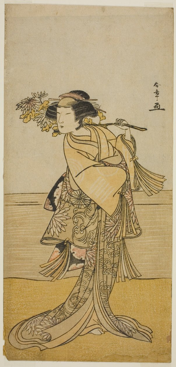 Skuespilleren Nakamura Tomijuro I som en hunræv fra Ubagadake-bjerget i skuespillet Chigo Torii Tobiiri Kitsune, opført på Ichimura Theatre i den ellevte måned, 1777 af Katsukawa Shunsho