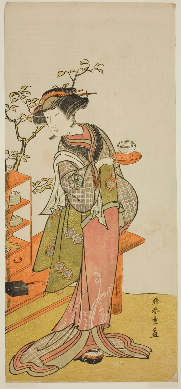 Skuespilleren Nakamura Tomijuro I som servitrice Otake i stykket Chigo Suzuri Aoyagi Soga, opført på Nakamura Theatre i den første måned, 1777 af Katsukawa Shunsho