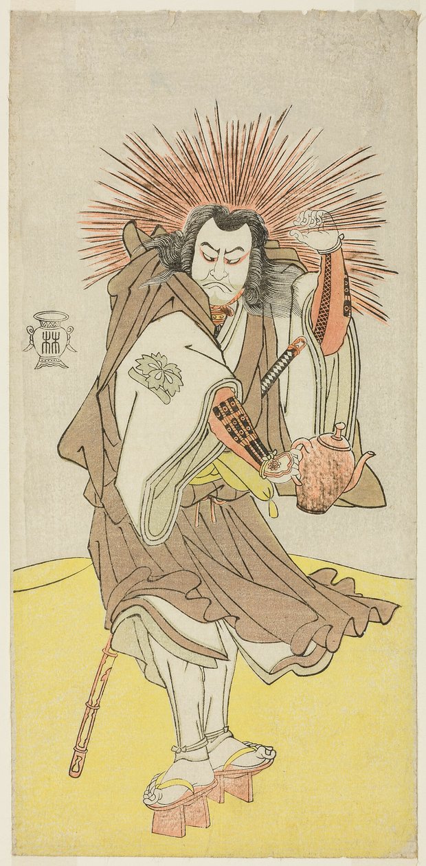Skuespilleren Nakayama Kojuro VI som Osada no Taro Kagemune (i virkeligheden Hatcho Tsubute no Kiheiji), i skikkelse af en lygtemand fra Gion-helligdommen, i tredje akt fra første del af stykket Yukimotsu Take Furisode Genji (Sneklædt bambus: Genji i lange af Katsukawa Shunsho