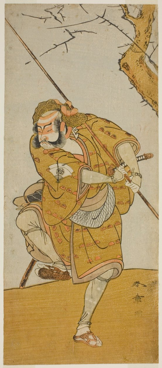 Skuespilleren Onoe Matsusuke I som Kobayashi no Asahina forklædt som en fuglefanger i skuespillet Edo no Haru Meisho Soga, opført på Ichimura Theatre i den tredje måned, 1773 af Katsukawa Shunsho