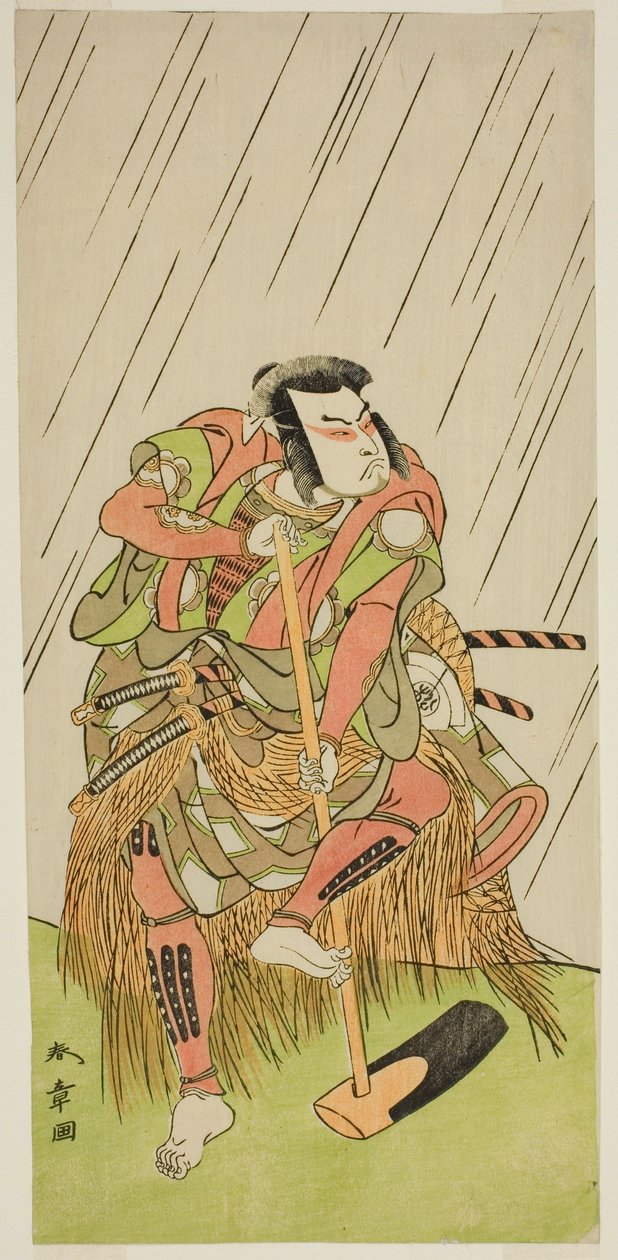 Skuespilleren Onoe Matsusuke I som Nakaomi Katsumi forklædt som bonden Datta no Nizo i skuespillet Shitenno-ji Nobori Kuyo, opført på Ichimura Theatre i den ottende måned, 1773 af Katsukawa Shunsho