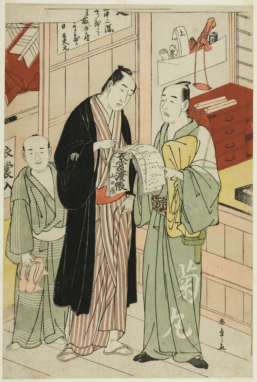 Skuespilleren Onoe Matsusuke I i garderoberummet på et teater af Katsukawa Shunsho