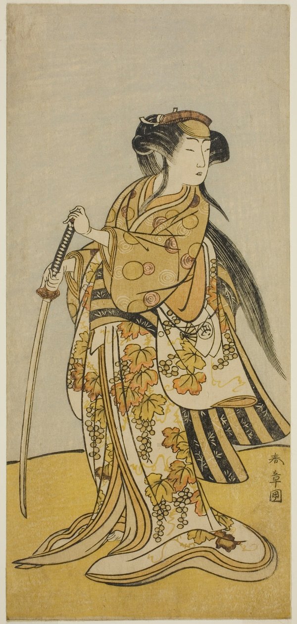 Skuespilleren Onoe Tamizo I som Kureha (?) i skuespillet Shusse Taiheiki (?), opført på Nakamura Theatre (?) i den ottende måned, 1775 (?) af Katsukawa Shunsho