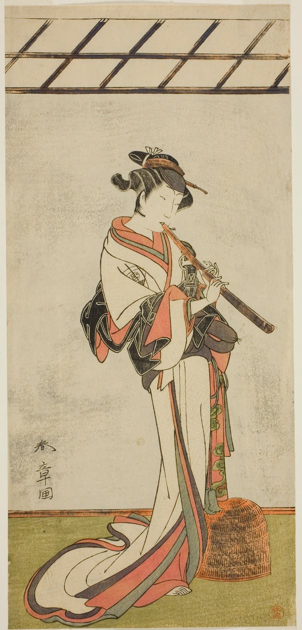 Skuespilleren Onoe Tamizo I som Oiso no Tora eller Kewaizaka no Shosho, forklædt som en kvindelig Komusu (?), i Play Yui Kanoko Date-zome Soga (?), opført på Ichimura Theatre (?) i den første måned, 1774 (?) af Katsukawa Shunsho