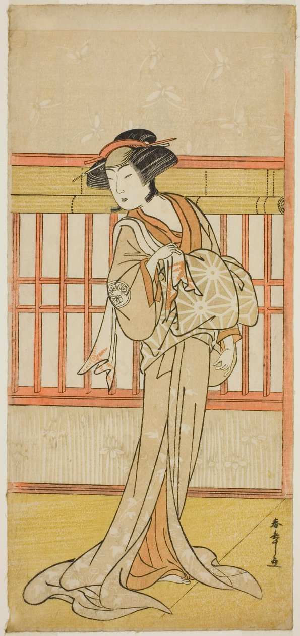 Skuespilleren Osagawa Tsuneyo II som kurtisanen Miyagino (?) i stykket Go Taiheiki Shiraishi-banashi (?), opført på Morita Theatre i den fjerde måned, 1780 (?) af Katsukawa Shunsho