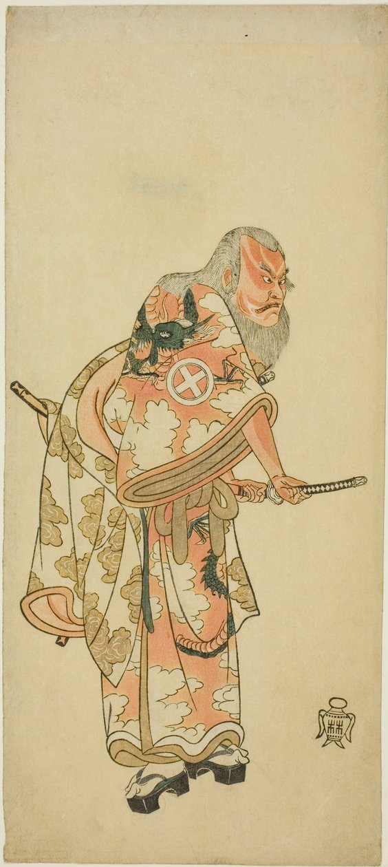 Skuespiller Otani Hiroemon III som Hige no Ikyu i scenen "Sukeroku" i stykket "Hitokidori Harutsuge Soga" af Katsukawa Shunsho