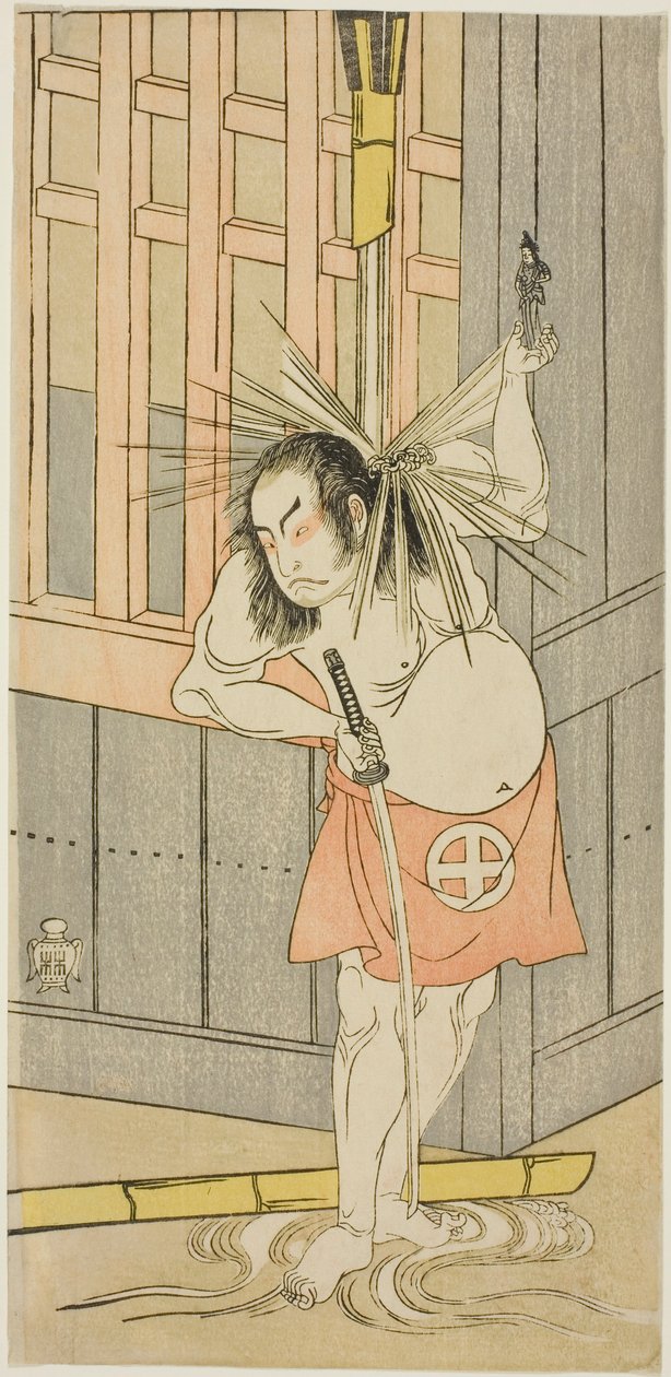 Skuespilleren Otani Hiroji III, muligvis som Akaneya Hanshichi i Play Fuji no Yuki Kaikei Soga (Sne på Mt. Fuji: The Soga Vendetta), opført på Ichimura Theatre fra den femtende dag i den første måned, 1770 af Katsukawa Shunsho