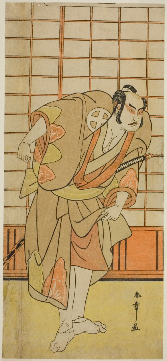 Skuespilleren Otani Hiroji III som Hata no Daizen Taketora forklædt som Shikishima Wakahei i stykket Juni-hitoe Komachi-zakura, opført på Kiri-teatret i den ellevte måned, 1784 af Katsukawa Shunsho