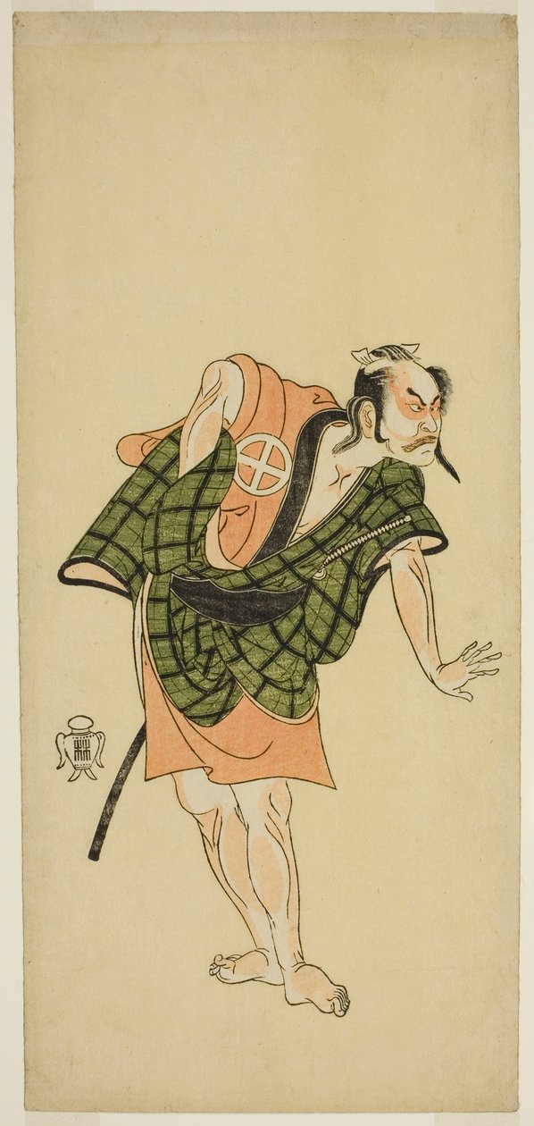Skuespilleren Otani Hiroji III som Onio Shinzaemon (?) i Play Bunshin Sugatami Soga (?), opført på Morita Theatre (?) i den anden måned, 1765 (?) af Katsukawa Shunsho