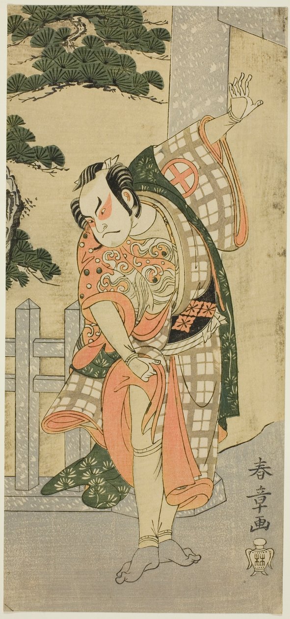 Skuespilleren Otani Hiroji III i en scenestilling (Mie) foran en helligdomsport af Katsukawa Shunsho