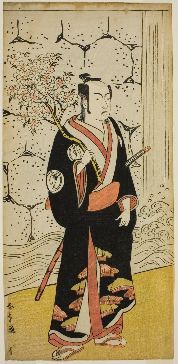 Skuespilleren Sawamura Sojuro III som Sonobe Zaemon i stykket "Shin Usuyuki Monogatari," opført på Ichimura Theatre i den ottende måned, 1779 af Katsukawa Shunsho
