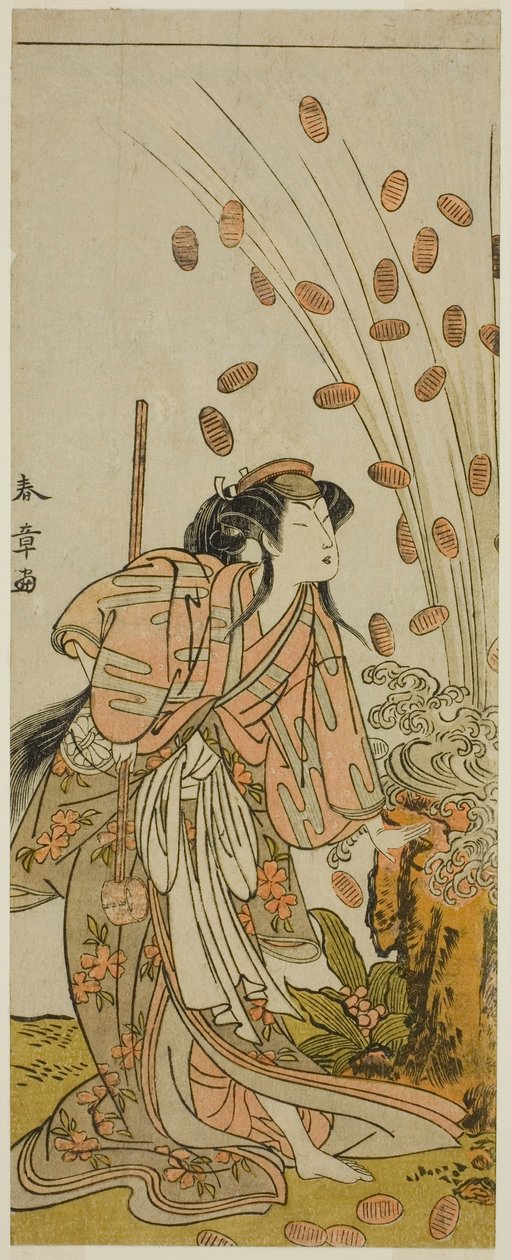Segawa Kikunojo III som Hito-maru Forklædt som Courtesan Chiyozaki, i Play Cup of Hana Katsuragi no Kane, optrådte på Ichimura Theatre i den tredje måned, af Katsukawa Shunsho