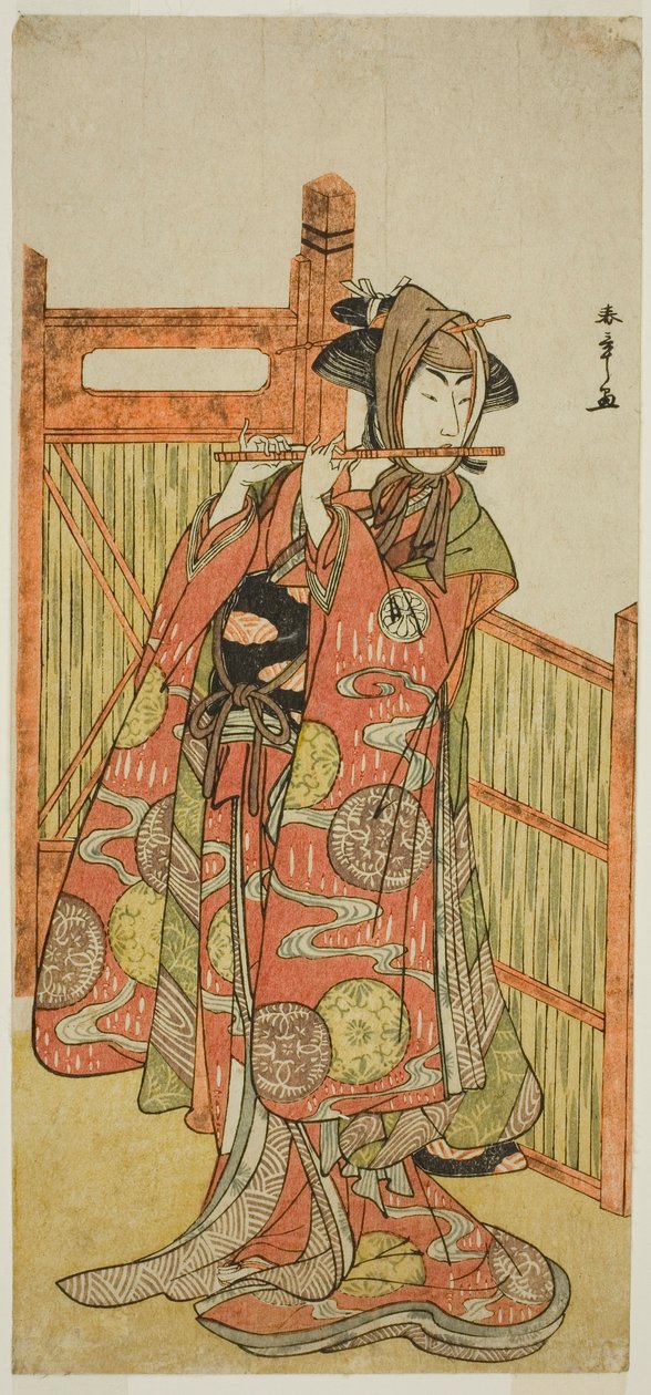 Skuespilleren Segawa Kikunojo III som Kojoro-gitsune forklædt som blomsterhandleren Okiku i stykket Mure Takamatsu Yuki no Shirahata, opført på Ichimura Theatre i den ellevte måned, 1780 af Katsukawa Shunsho