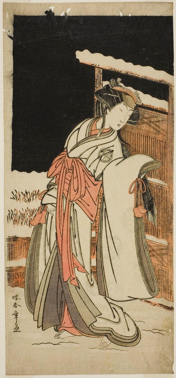 Skuespilleren Segawa Kikunojo III som Lady Shizuka (Shizkua Gozen) forklædt som Tamazusa i skuespillet Chigo Torii Tobiiri Kitsune, opført på Ichimura Theatre i den ellevte måned, 1777 af Katsukawa Shunsho