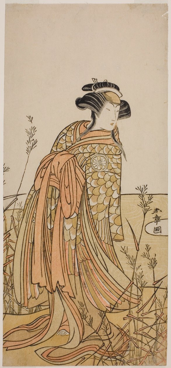 Skuespilleren Segawa Kikunojo III som Spirit of a Mandarin Duck (Oshidori) forklædt som Tagasode, i skuespillet Hana-zumo Genji Hiiki, opført på Nakamura Theatre i den ellevte måned, 1775 af Katsukawa Shunsho