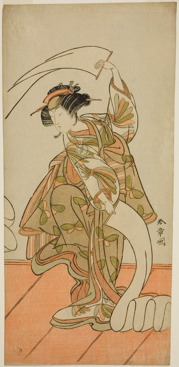 Skuespilleren Segawa Kikunojo III som kurtisane Kisegawa i en "Nuno Sarashi"-dans i skuespillet Hana-zumo Genji Hiiki, opført på Nakamura Theatre i den ellevte måned, 1775 af Katsukawa Shunsho