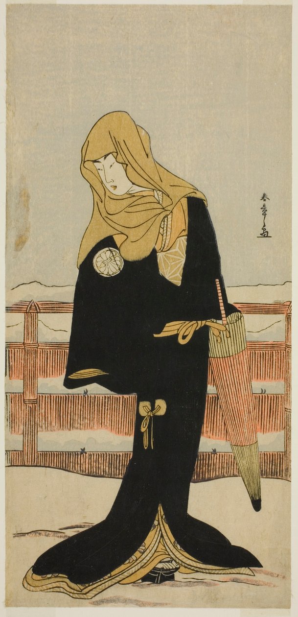 Skuespilleren Segawa Kikunojo III som den ventende Suho forklædt som Tsunokuniya Tsuna i skuespillet Shitenno Tonoi no Kisewata, opført på Nakamura Theatre i den ellevte måned, 1781 af Katsukawa Shunsho