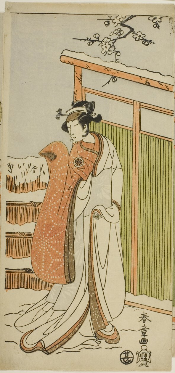 Skuespilleren Segawa Kikunojo II som Yuki Onna (snekvinden) i et dansemellemspil i scene to af jorurien "Kurtisanens rouge på et snehvidt ansigt (Oyama Beni Yuki no Sugao)" fra stykket "Bomuldsvat fra Izu, der beskytter de ægteskabelige krysantemum (M af Katsukawa Shunsho