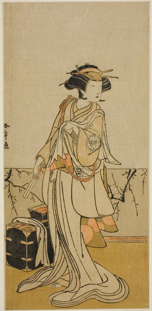 Skuespilleren Segawa Yujiro I som Osai, en kvindelig frisør, i skuespillet Kamuri Kotoba Soga no Yukari, opført på Ichimura Theatre i den første måned, 1776 af Katsukawa Shunsho